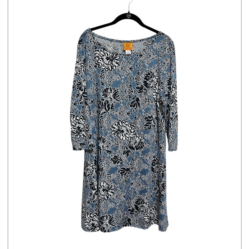Ruby Rd Dress Size Large Blue Floral Print Long Sleeve Casual NWT